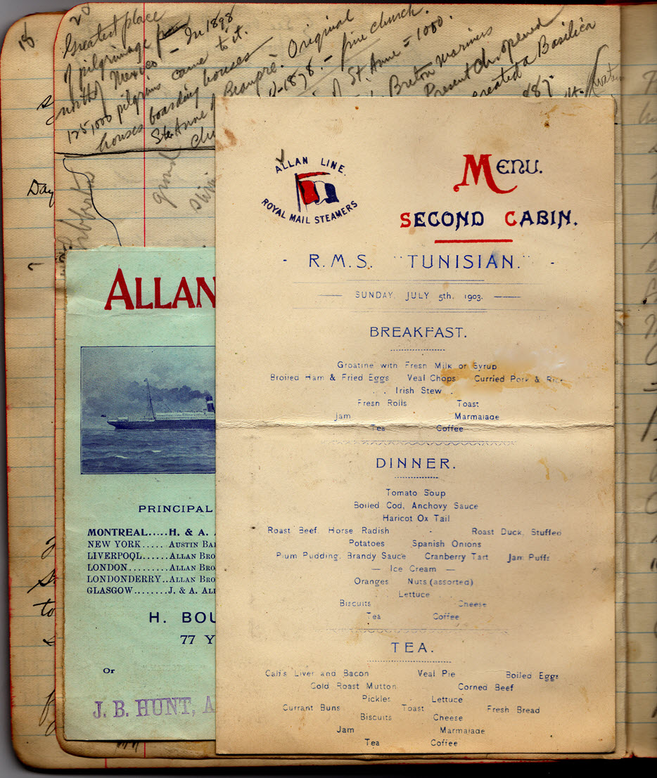 Page from Roy's 1903 travel diary showing the menu on the R.M.S. Tunisian